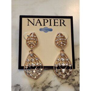 Napier Gold Tone Crystal Teardrop Dangle Earrings Filigree Design & Post Backs